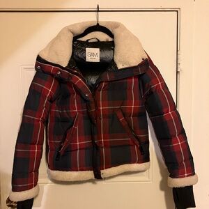 SAM Mackenzie Lamb Shearling Plaid Goose Down Jacket Red Blue Women's XS